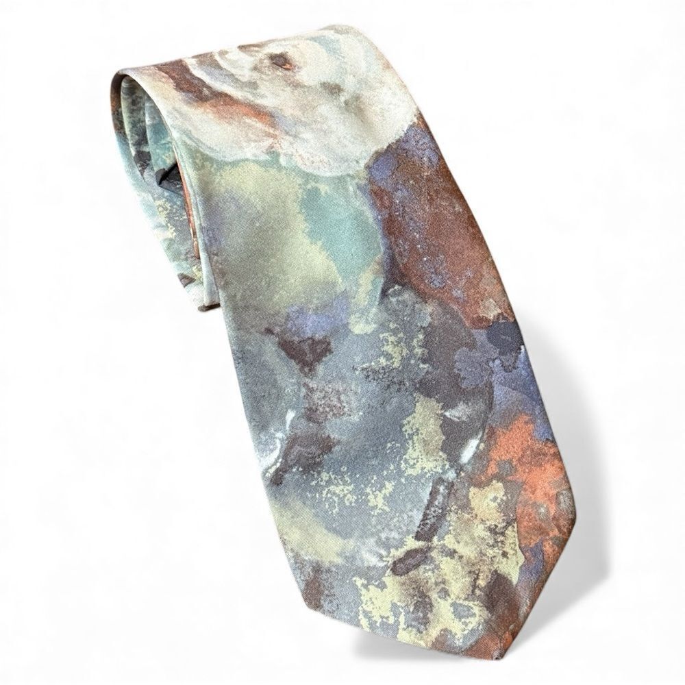 La Scala Collezione Abstract Watercolor Floral Men’s Tie Blue Tan Gray Green